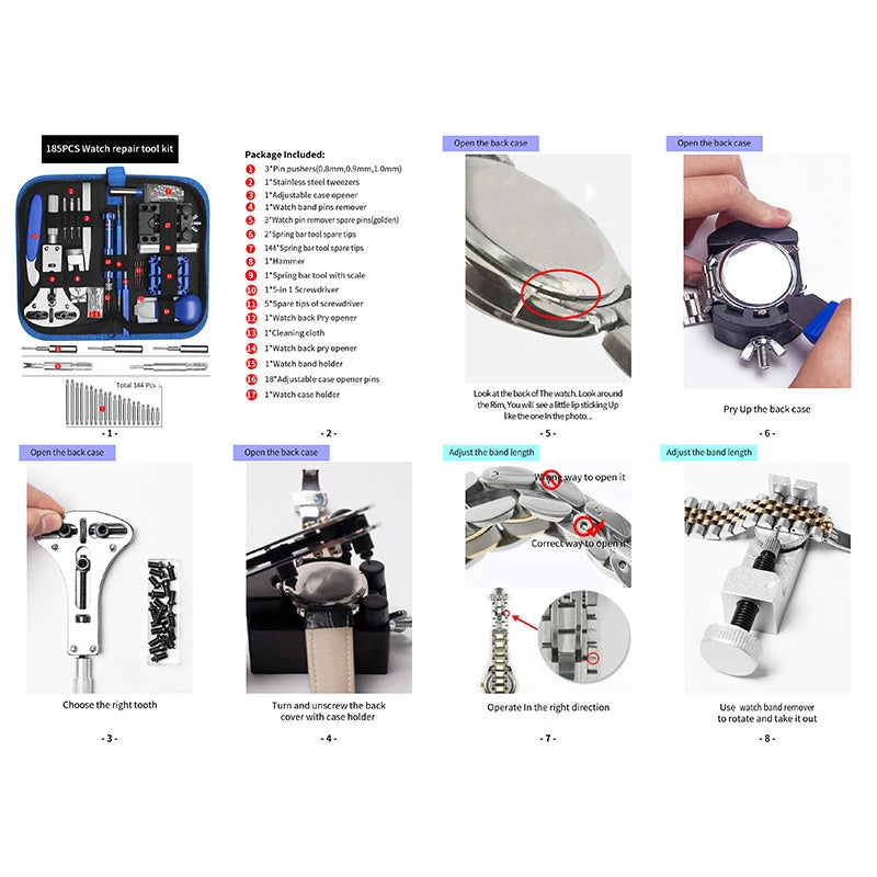 Kit de Réparation de Montres 185 Pièces - Outils Professionnels pour Remplacement de Batterie, Démontage de Maillons, Retrait du Fond de Boîtier, Outils à Barres et plus - BLACKBEARD OUTDOOR INDUSTRIES