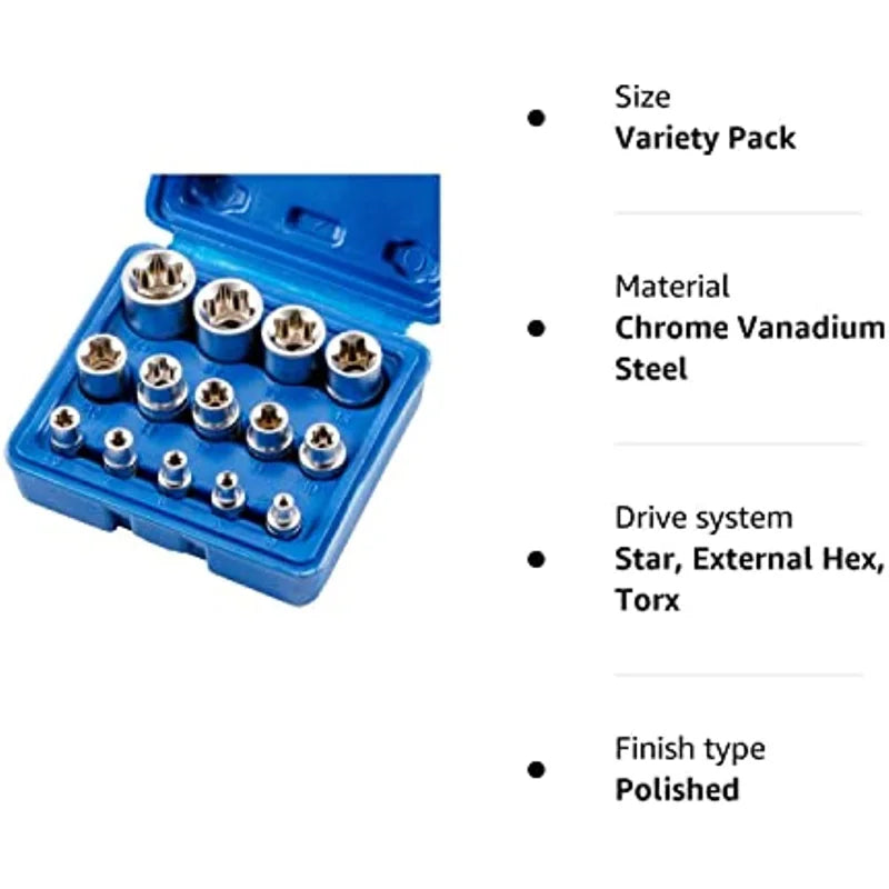 Jeu de Douilles Femelles Torx E4 à E24 – 14 Pièces | Douilles Étoile Externe (E-Torx) en Acier Chrome Vanadium - BLACKBEARD OUTDOOR INDUSTRIES