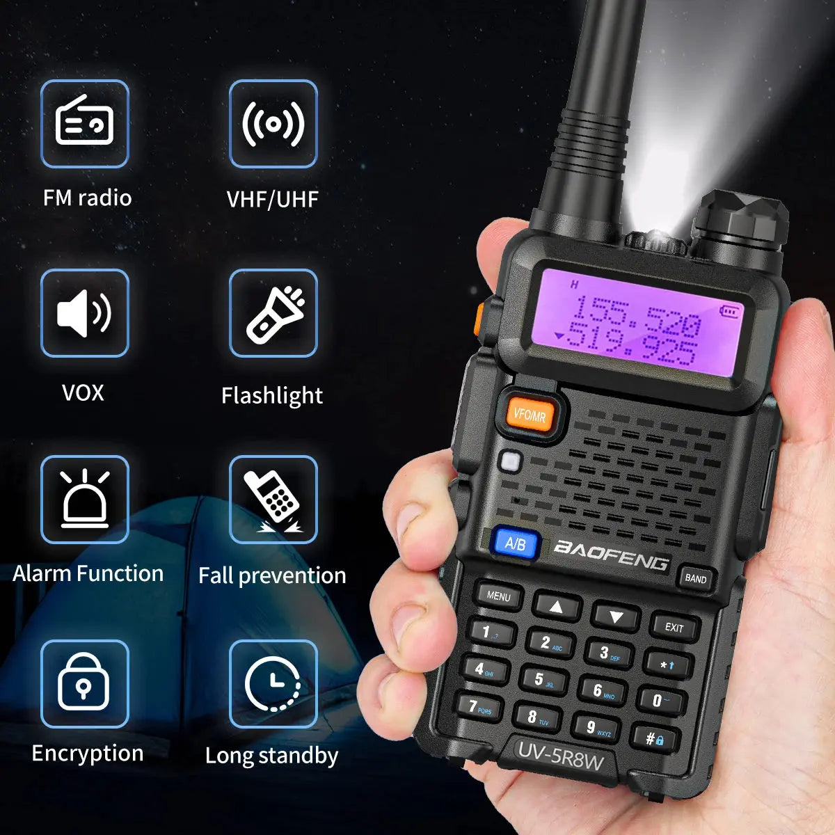 Baofeng UV-5R – Radio Bi-Bande VHF/UHF | 128 Canaux, Jusqu'à 15 km de Portée, Lampe LED et FM Ma boutique