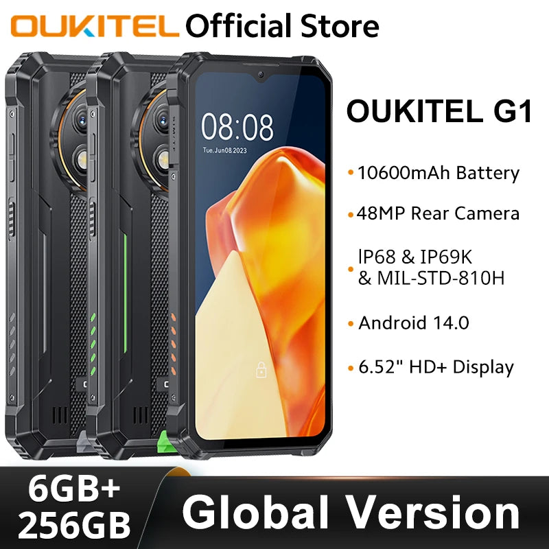 OUKITEL G1 Rugged Smartphone – Global Version 6.52" HD+ | 10600mAh | 6GB + 256GB | Android 14 | 48MP + 2MP Caméra - BLACKBEARD OUTDOOR INDUSTRIES