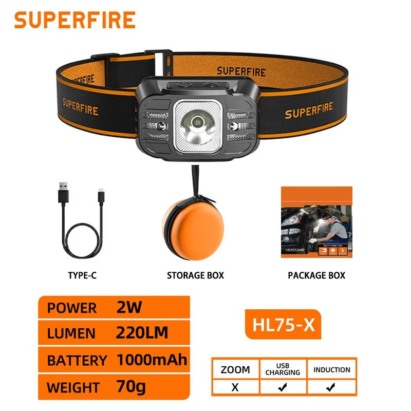 SUPERFIRE HL75 – Mini Lampe Frontale LED Rechargeable USB-C | Haute Puissance | Capteur de Mouvement | Étanche | 7 Modes | 70g Ultra Légère Ma boutique