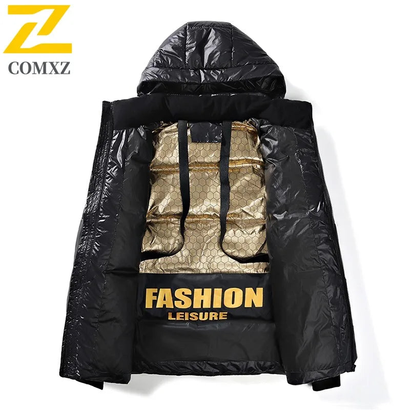 COMXZ 2025 Winter Fashion Stand Collar Cotton Jacket Hooded Winter Waterproof Windproof Outdoor Casual Warm Coat Men Streetwear BLACKBEARD OUTDOOR INDUSTRIES