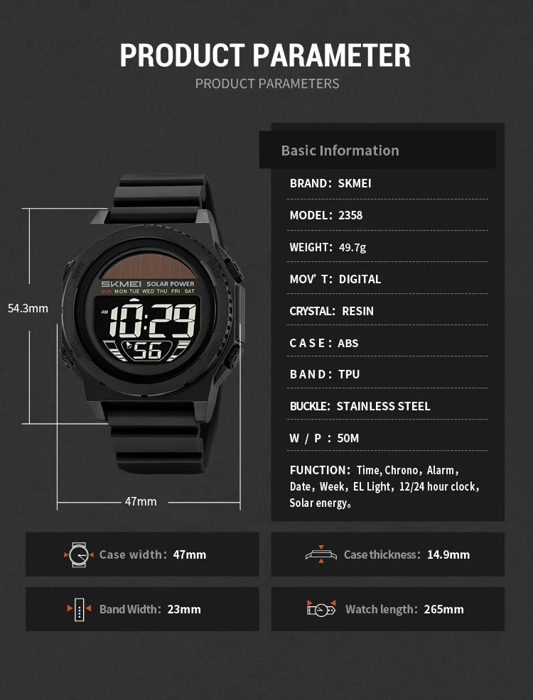 Montre Digitale Sportive Homme SKMEI 2358 – Énergie Solaire, Étanche 5Bar, Chronographe - BLACKBEARD OUTDOOR INDUSTRIES