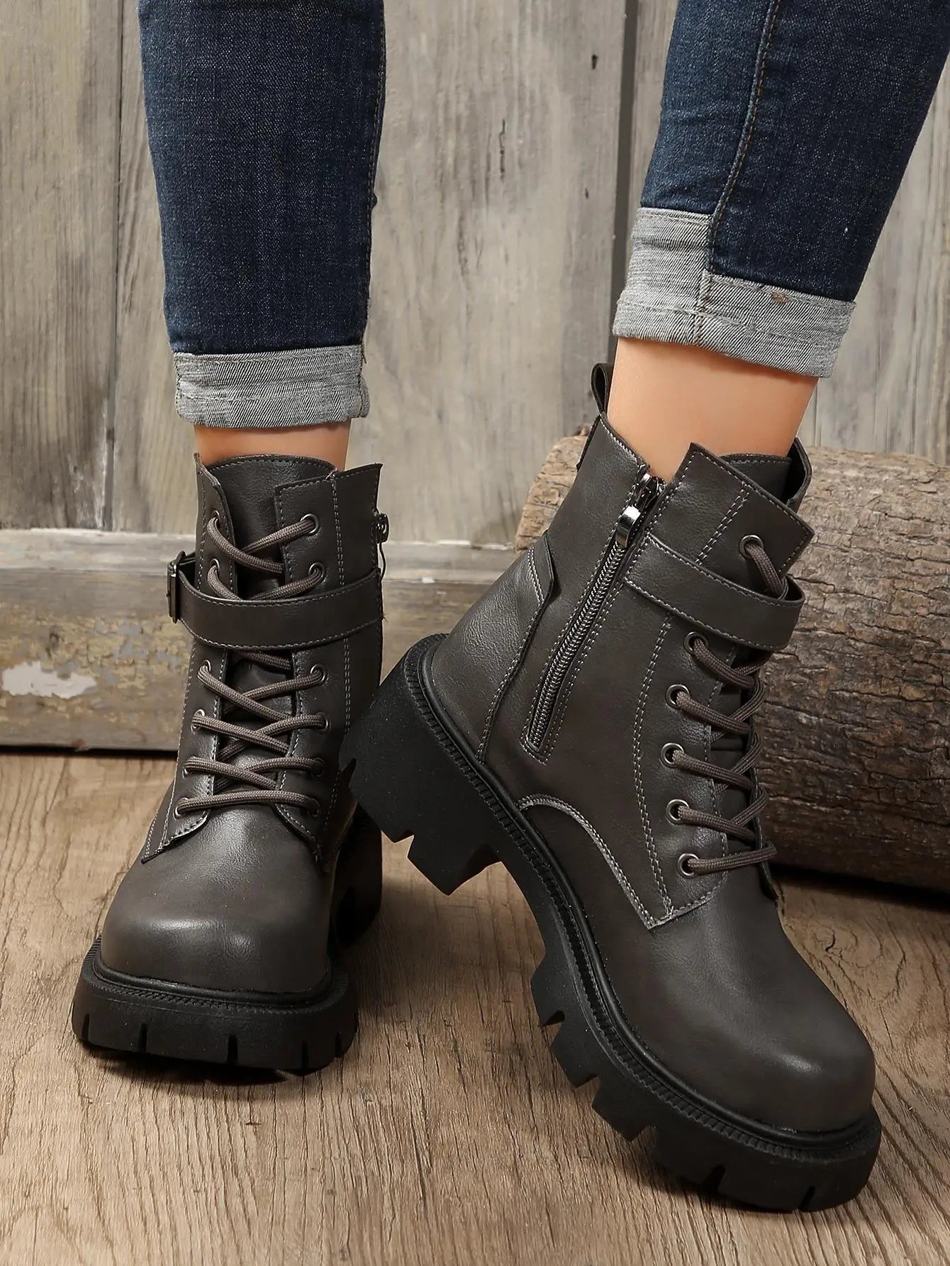 Bottines Femme à Talon Épais – Bottes Combat à Lacets & Fermeture Éclair – Style Punk Rock avec Boucle Ceinture – Pointure Jusqu’au 43 - BLACKBEARD OUTDOOR INDUSTRIES