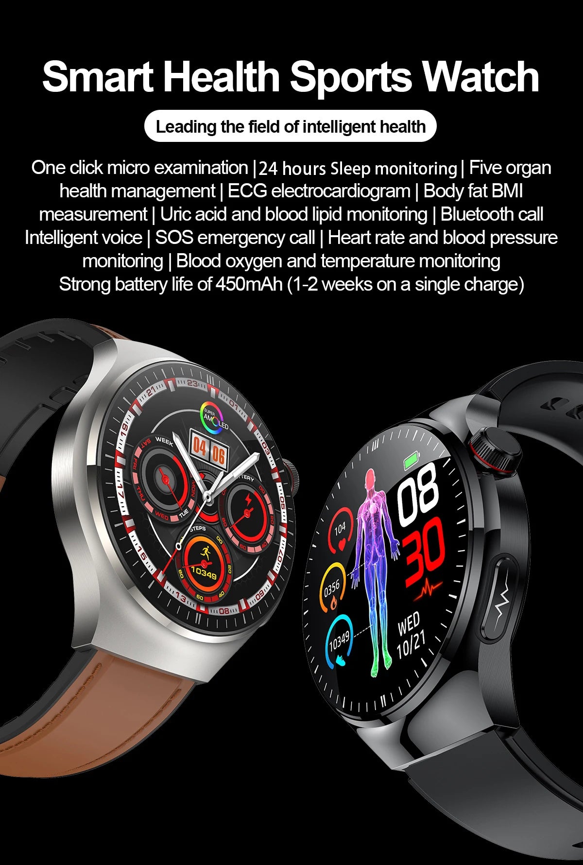 Montre Connectée Médicale GUHUAVMI TK26 – ECG+PPG – Uric Acid, Température, Lipides, Appels Bluetooth – Écran AMOLED 1.43” – Étanche IP68 - BLACKBEARD OUTDOOR INDUSTRIES