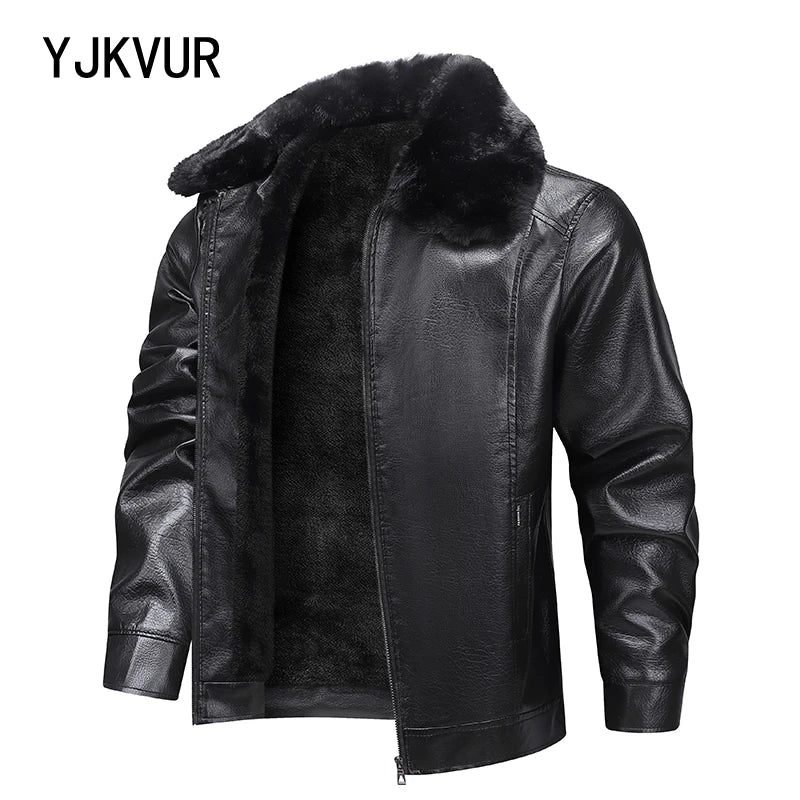YJKVUR Men's Fleece-Lined Warm Faux Leather Jacket Waterproof Windproof Autumn Winter New Arrival Man Motorcycle Stylish Coat  BLACKBEARD OUTDOOR INDUSTRIES
