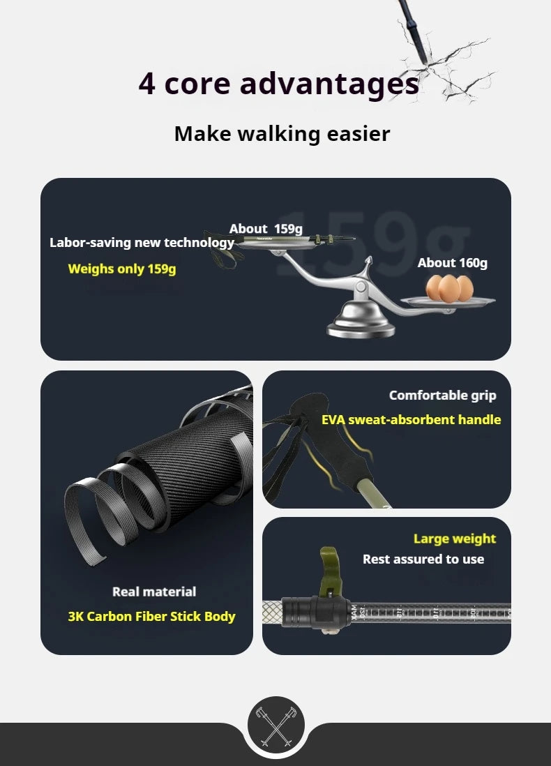 Naturehike Bâton de Randonnée 3 Sections – Fibre de Carbone 3K Ultraléger, Réglable, Pointe Tungstène – Modèle EXT1 - BLACKBEARD OUTDOOR INDUSTRIES