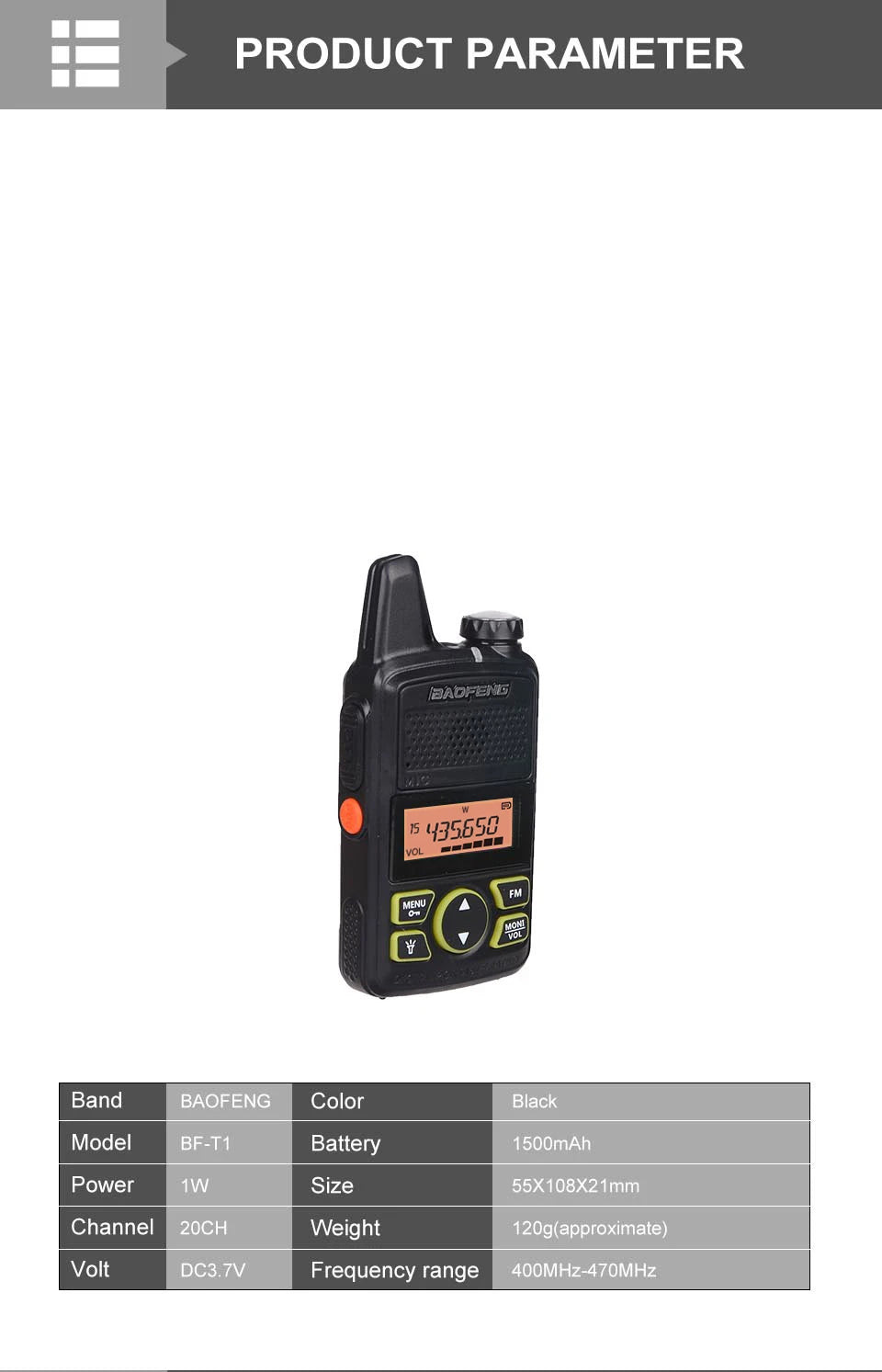 Talkie Walkie Baofeng BF-T1 UHF 20CH - Compact, Puissant et Pratique - BLACKBEARD OUTDOOR INDUSTRIES