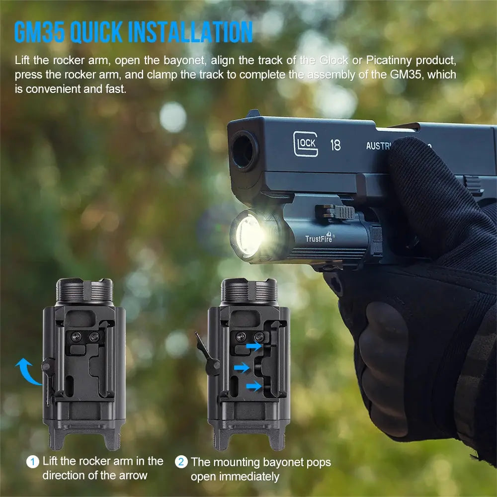 TrustFire GM35 – Lampe Tactique LED 850 Lumens | Rechargeable USB-C | Rail Picatinny / Glock 1913 | Pour Pistolet & Armes Courtes Ma boutique