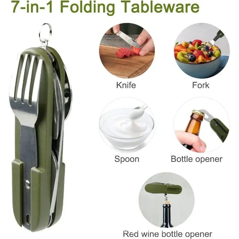 Kit de Vaisselle Multifonction 7 en 1 en Acier Inoxydable – Outils de Survie Pliable pour Camping et Pique-Nique - BLACKBEARD OUTDOOR INDUSTRIES