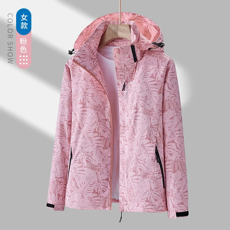 Veste de Sport pour Femme avec Imprimé Feuilles – Veste Outdoor Déperlant, Imperméable et Coupe-Vent avec Capuche Détachable – Idéale pour la Randonnée et les Activités de Loisirs - BLACKBEARD OUTDOOR INDUSTRIES