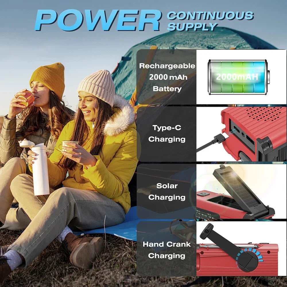 Radio Solaire Rechargeable avec Lampe d’Urgence – Radio AM/FM, LED, Recharge Manuelle et Solaire, Étanche IPX3 Ma boutique