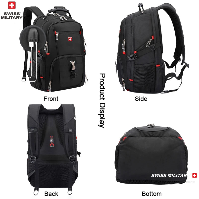 Sac à Dos SWISS 17" pour Ordinateur Portable - Imperméable, avec Port de Charge USB, Multifonction, Style Swiss - Sac de Voyage, de Randonnée et Scolaire - BLACKBEARD OUTDOOR INDUSTRIES