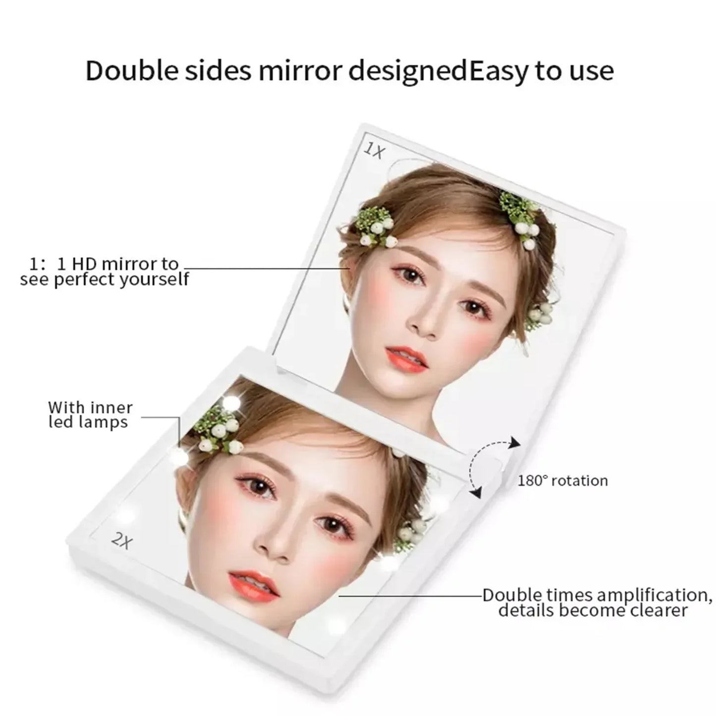 1PC Miroir de Maquillage Pliable avec 6 Lampes LED – Compact & Portable avec Lumière pour Femmes - BLACKBEARD OUTDOOR INDUSTRIES