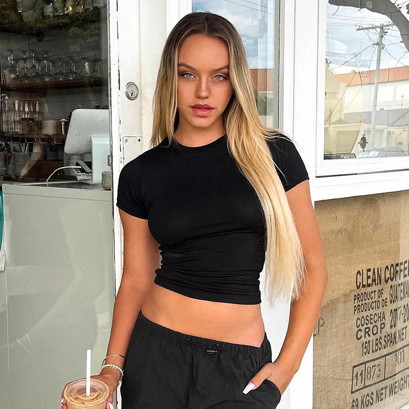 T-Shirt Court Femme Été 2025 | Col Montant – Uni, Extensible & Doux | Haut Basique Mode Casual - BLACKBEARD OUTDOOR INDUSTRIES