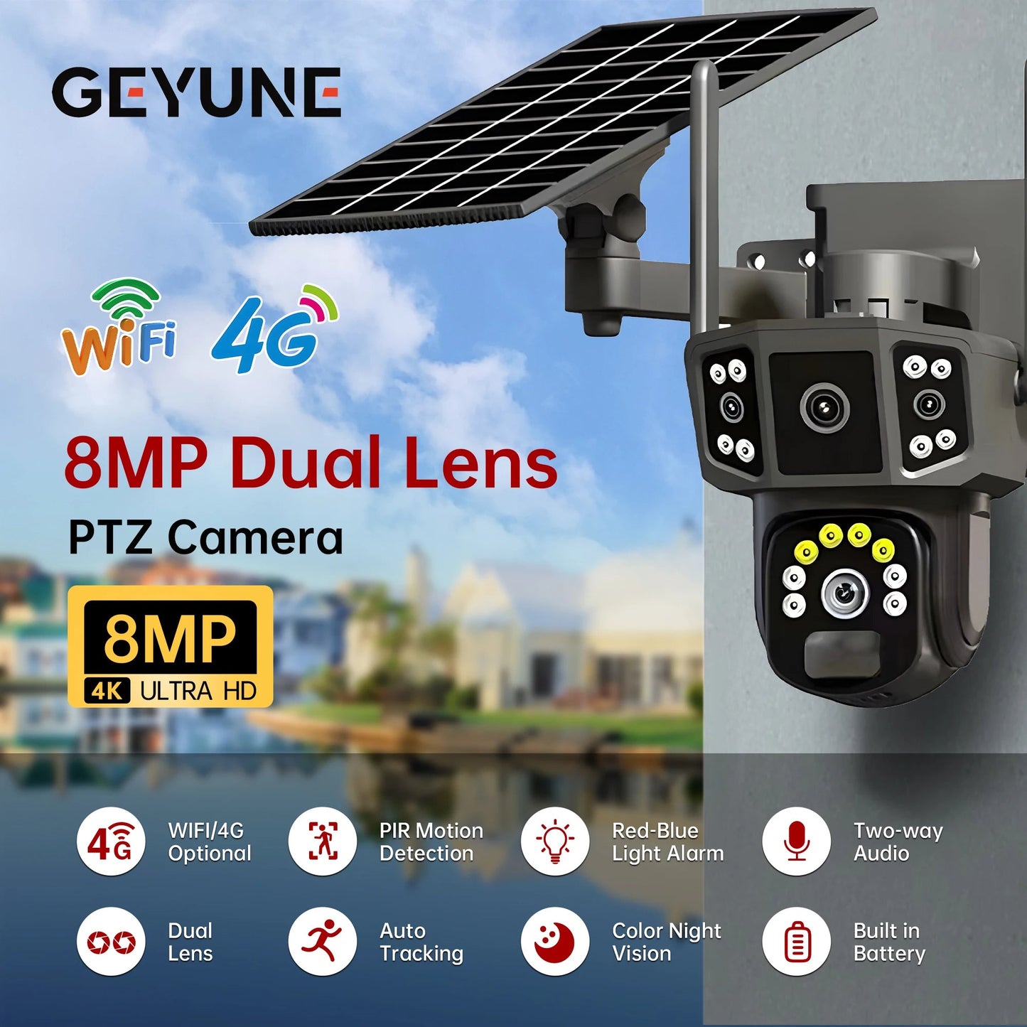 Caméra de Surveillance Extérieure Solaire 4G / WiFi – 8MP Ultra HD | Vision Nocturne Couleur | Détection de Mouvement AI | Audio Bidirectionnel | Étanche IP66 | Double Objectif Ma boutique