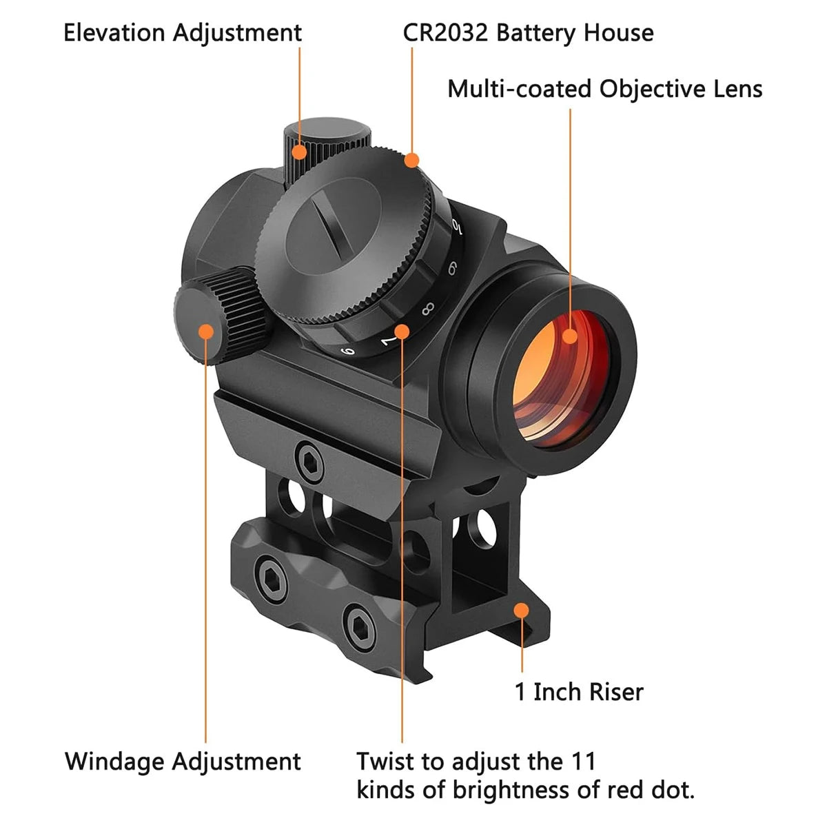 Viseur Point Rouge 2 MOA – Reflex Sight 1x25 mm – Étanche, Antichoc et Anti-buée – Avec Rehausseur de 1 pouce - BLACKBEARD OUTDOOR INDUSTRIES