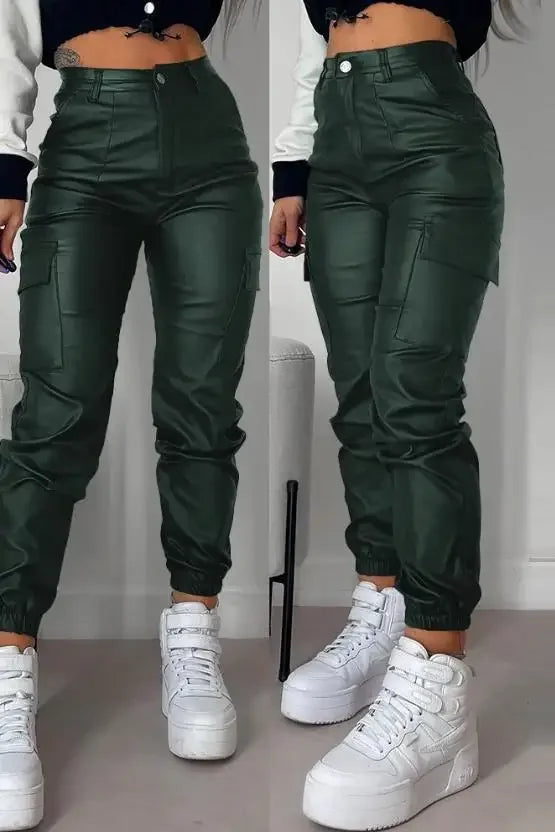 Pantalon Cargo Femme – Tendance Streetwear Y2K, Taille Haute, Effet Cuir PU, Coupe Skinny - BLACKBEARD OUTDOOR INDUSTRIES