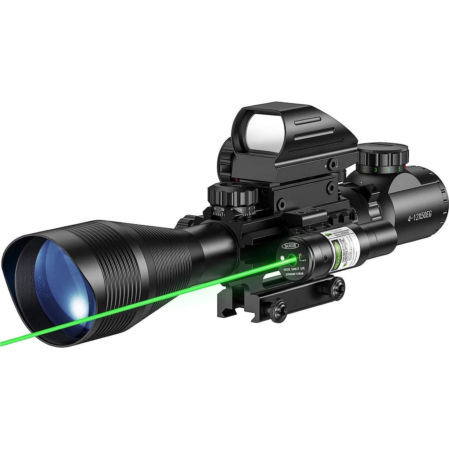 Lunette de Tir 4-12x50 avec Réticule Télémétrique Illuminé + Viseur Holographique 4 Réticules + Laser Rouge/Vert - Rail 20mm - BLACKBEARD OUTDOOR INDUSTRIES