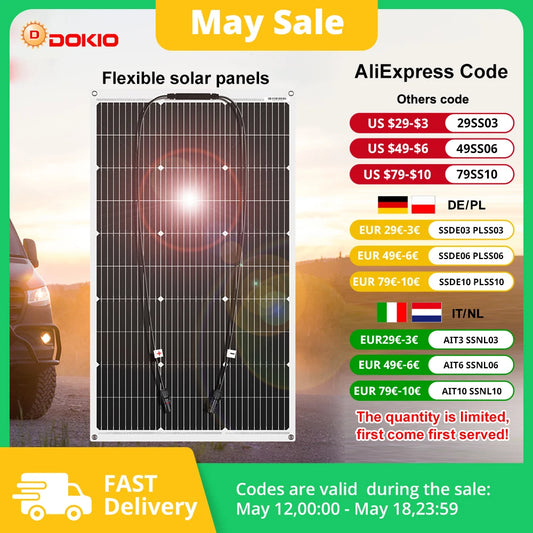 DOKIO Flexible Solar Panel 100W - Monocrystalline Silicon, 18V - Idéal pour Camping RV - BLACKBEARD OUTDOOR INDUSTRIES