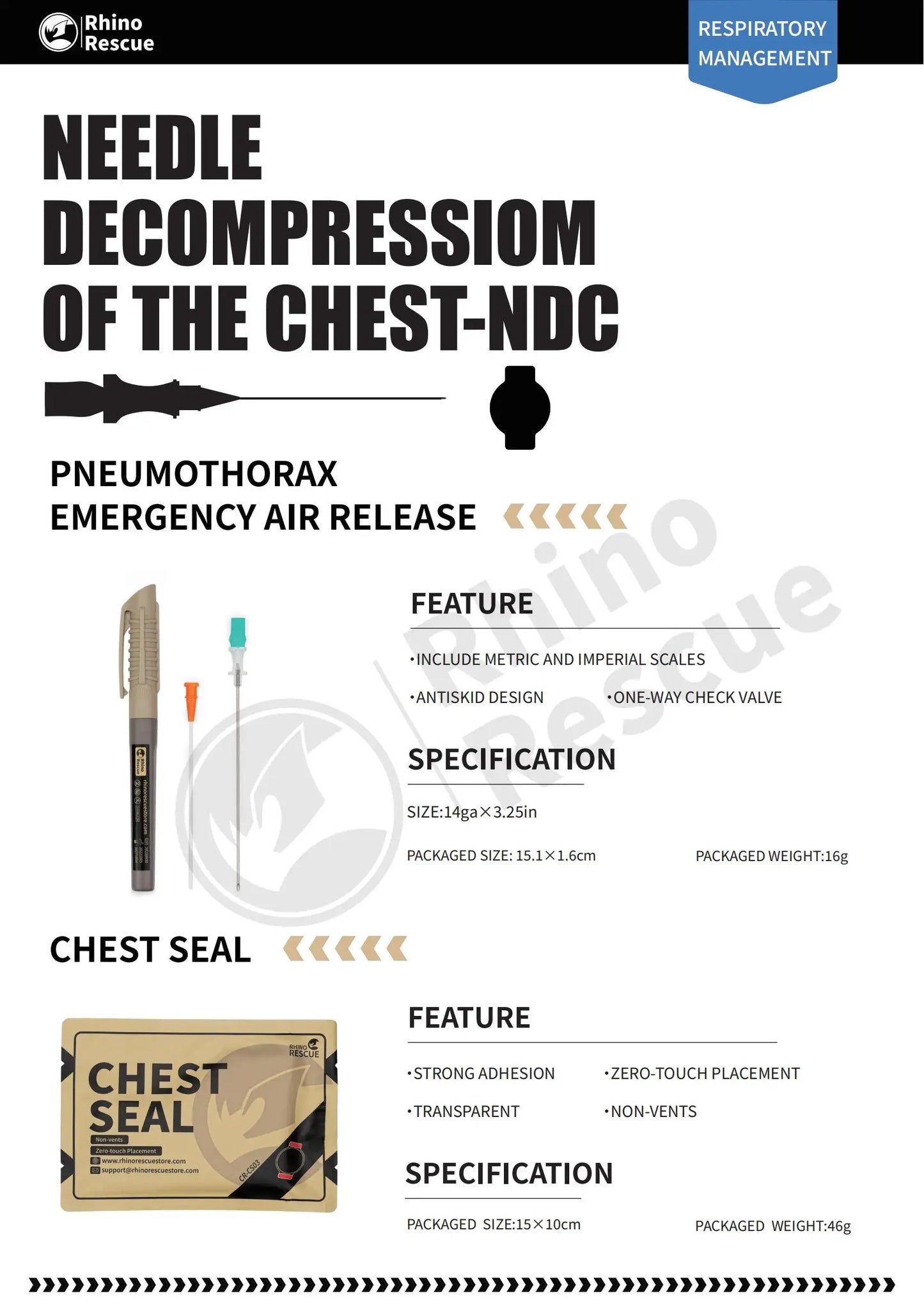 RHINO RESCUE Kit de Décompression à Aiguille 14ga | Cathéter pour Pneumothorax Tensionnel, EMS & Trauma, IFAK - BLACKBEARD OUTDOOR INDUSTRIES