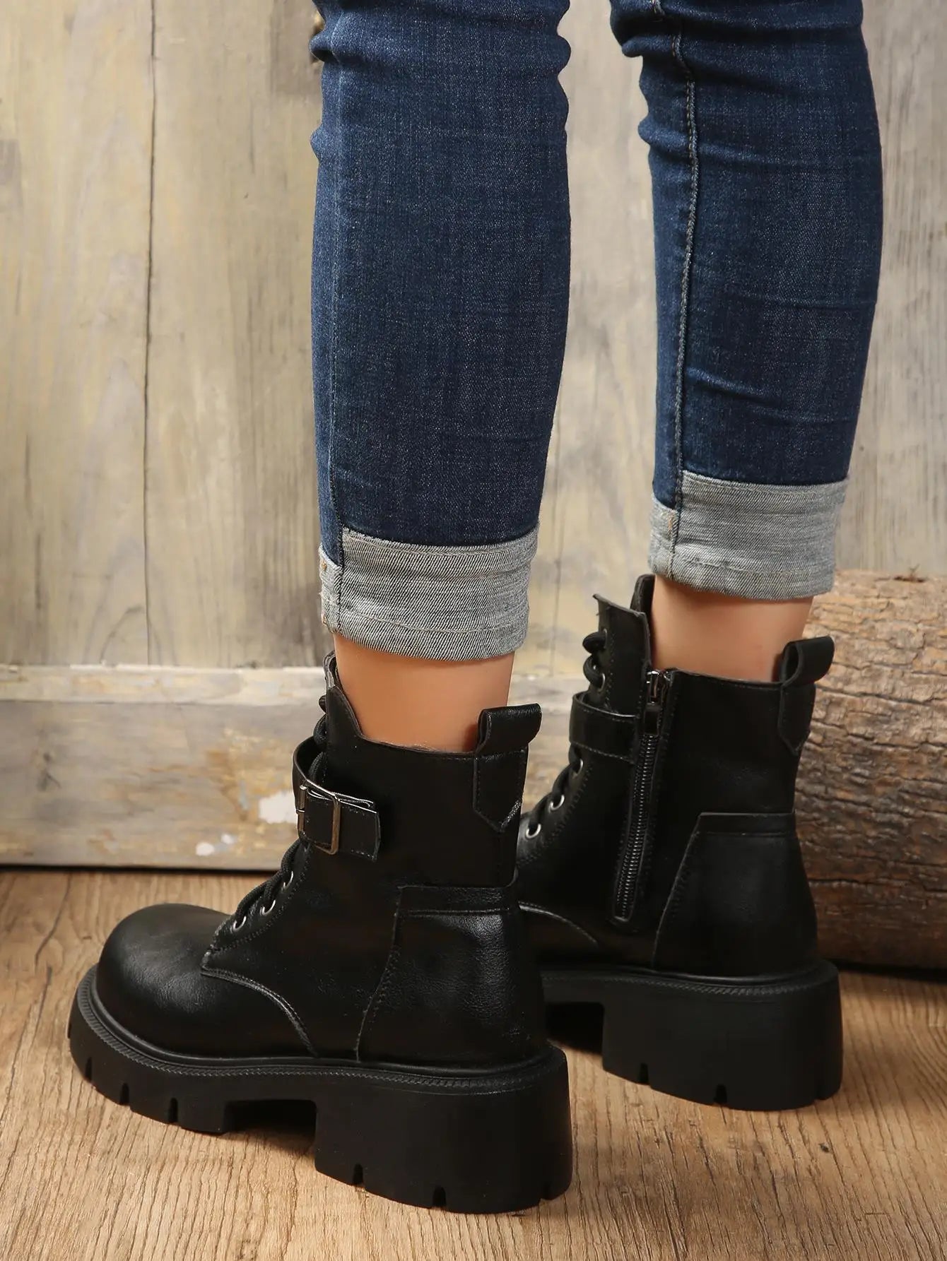 Bottines Femme à Talon Épais – Bottes Combat à Lacets & Fermeture Éclair – Style Punk Rock avec Boucle Ceinture – Pointure Jusqu’au 43 - BLACKBEARD OUTDOOR INDUSTRIES