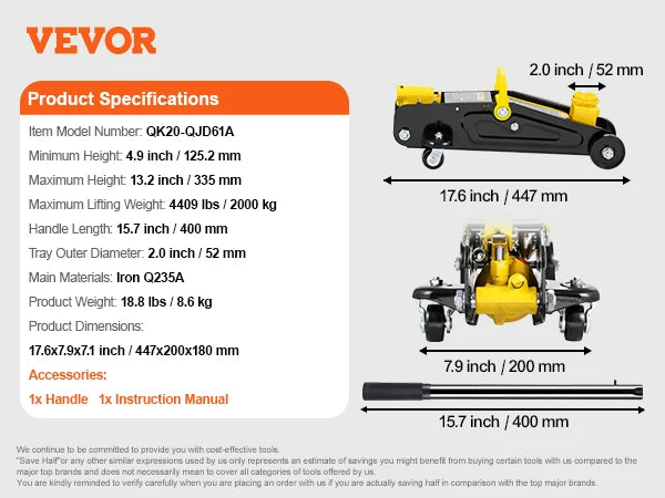 Cric Hydraulique Bas Profil 2 Tonnes VEVOR – Double Pompe à Piston | Lève-Véhicule Haute Performance - BLACKBEARD OUTDOOR INDUSTRIES