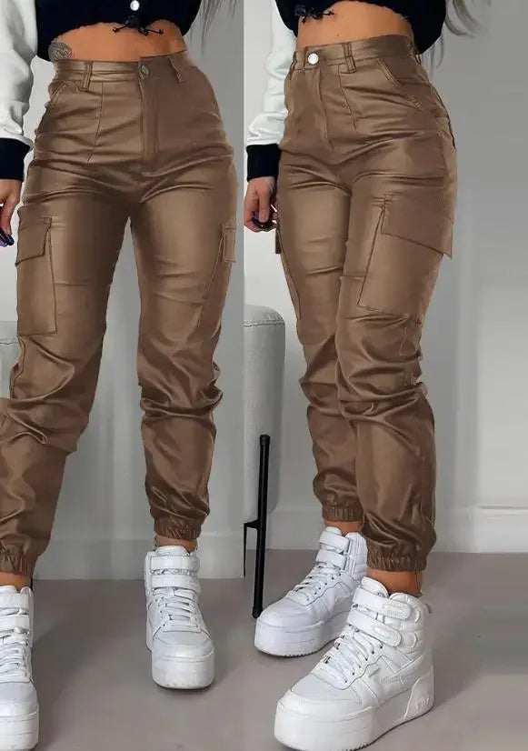 Pantalon Cargo Femme – Tendance Streetwear Y2K, Taille Haute, Effet Cuir PU, Coupe Skinny - BLACKBEARD OUTDOOR INDUSTRIES