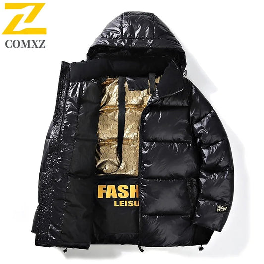COMXZ 2025 Winter Fashion Stand Collar Cotton Jacket Hooded Winter Waterproof Windproof Outdoor Casual Warm Coat Men Streetwear BLACKBEARD OUTDOOR INDUSTRIES