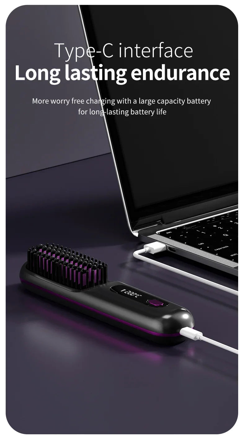 Peigne Lissant Électrique USB LCD avec Chauffage Céramique – Brosse Lissante Rechargeable Sans Fil avec Ions Négatifs - BLACKBEARD OUTDOOR INDUSTRIES