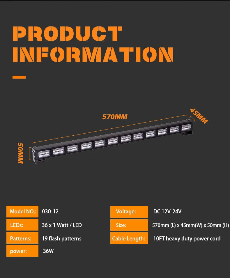 Barre lumineuse d'urgence à LED 22 pouces avec 36 LED - Lampe de signalisation pour toit de voiture, lumière clignotante Amber/Blanc, 12-24V BLACKBEARD OUTDOOR INDUSTRIES