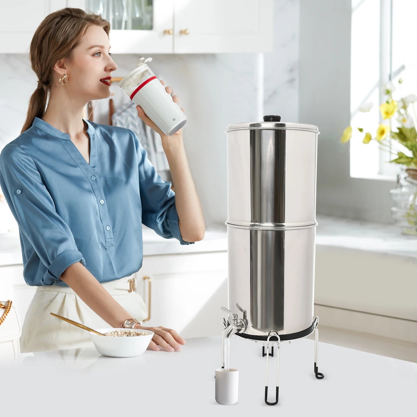 Système de Filtration d’Eau par Gravité – 2,25 Gallons en Acier Inoxydable avec 2 Filtres à Charbon Chargés à l’Argent Ma boutique