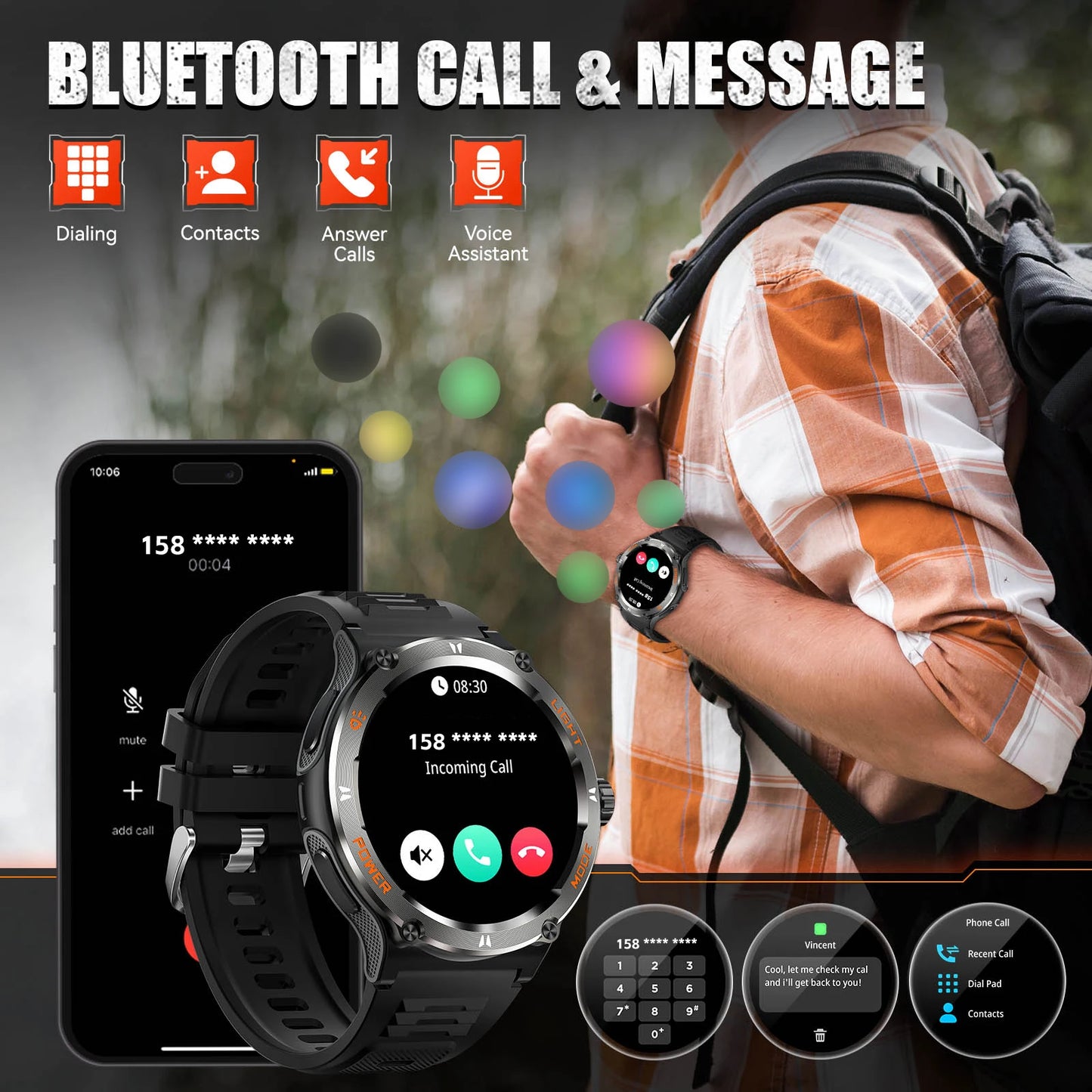 KT76 – Montre Connectée Sport Homme avec Boussole, Lampe LED et Suivi Santé - BLACKBEARD OUTDOOR INDUSTRIES