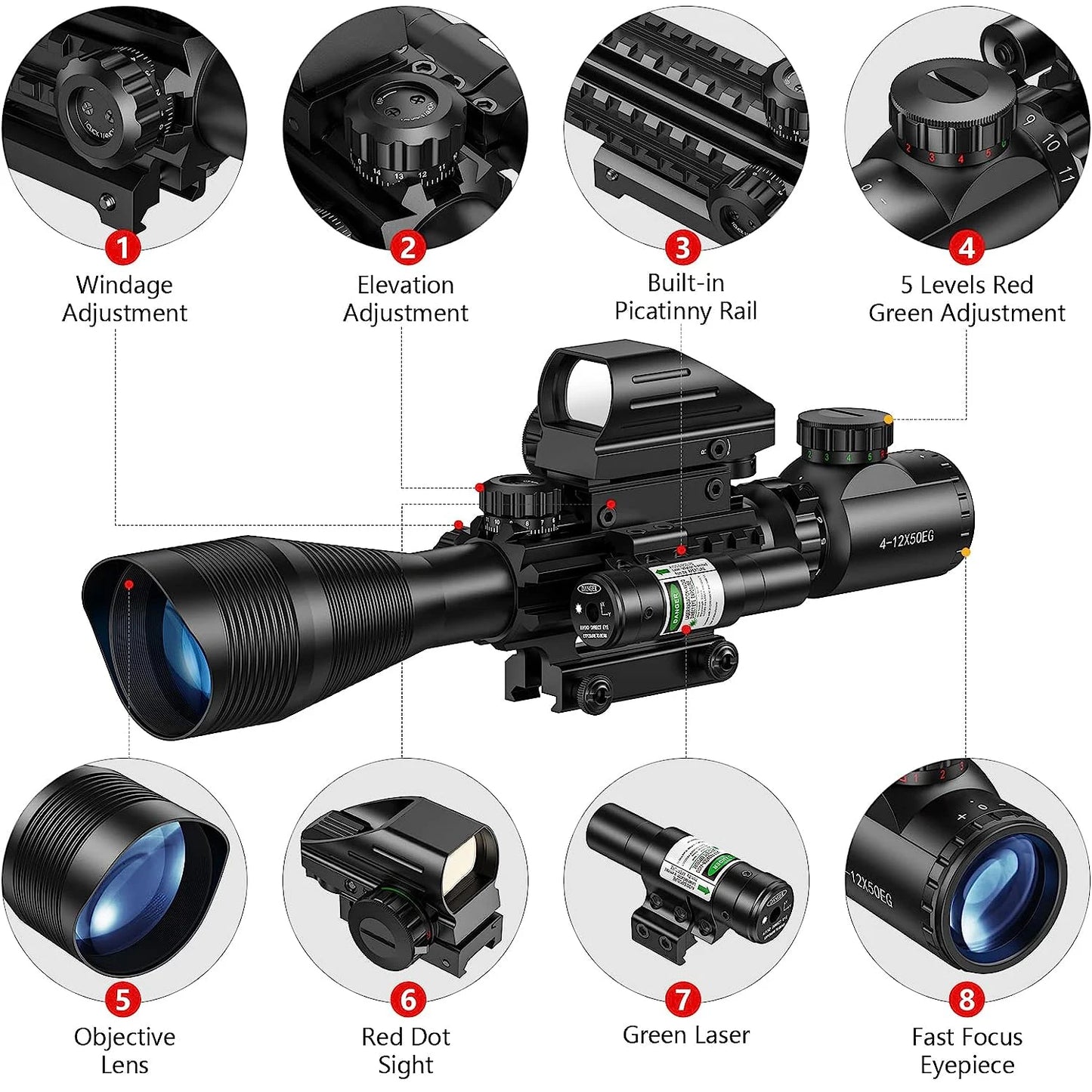 Lunette de Tir 4-12x50 avec Réticule Télémétrique Illuminé + Viseur Holographique 4 Réticules + Laser Rouge/Vert - Rail 20mm - BLACKBEARD OUTDOOR INDUSTRIES