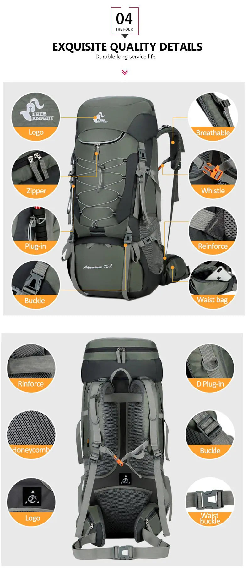 Sac à Dos de Camping 75L - Avec Housse de Pluie - Randonnée, Escalade, Trekking - Unisexe - BLACKBEARD OUTDOOR INDUSTRIES