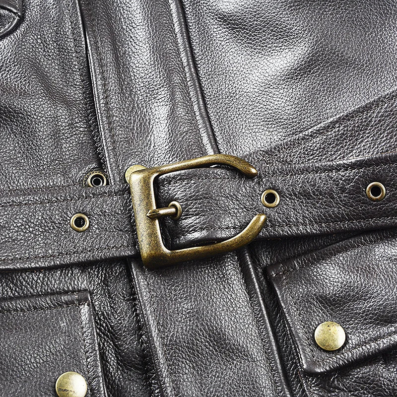 Brown Autumn Leather Jacket Men Safari Style Four Pockets Plus Size 5XL Natural Cowhide M65 Belt Genuine Leather Coat BLACKBEARD OUTDOOR INDUSTRIES