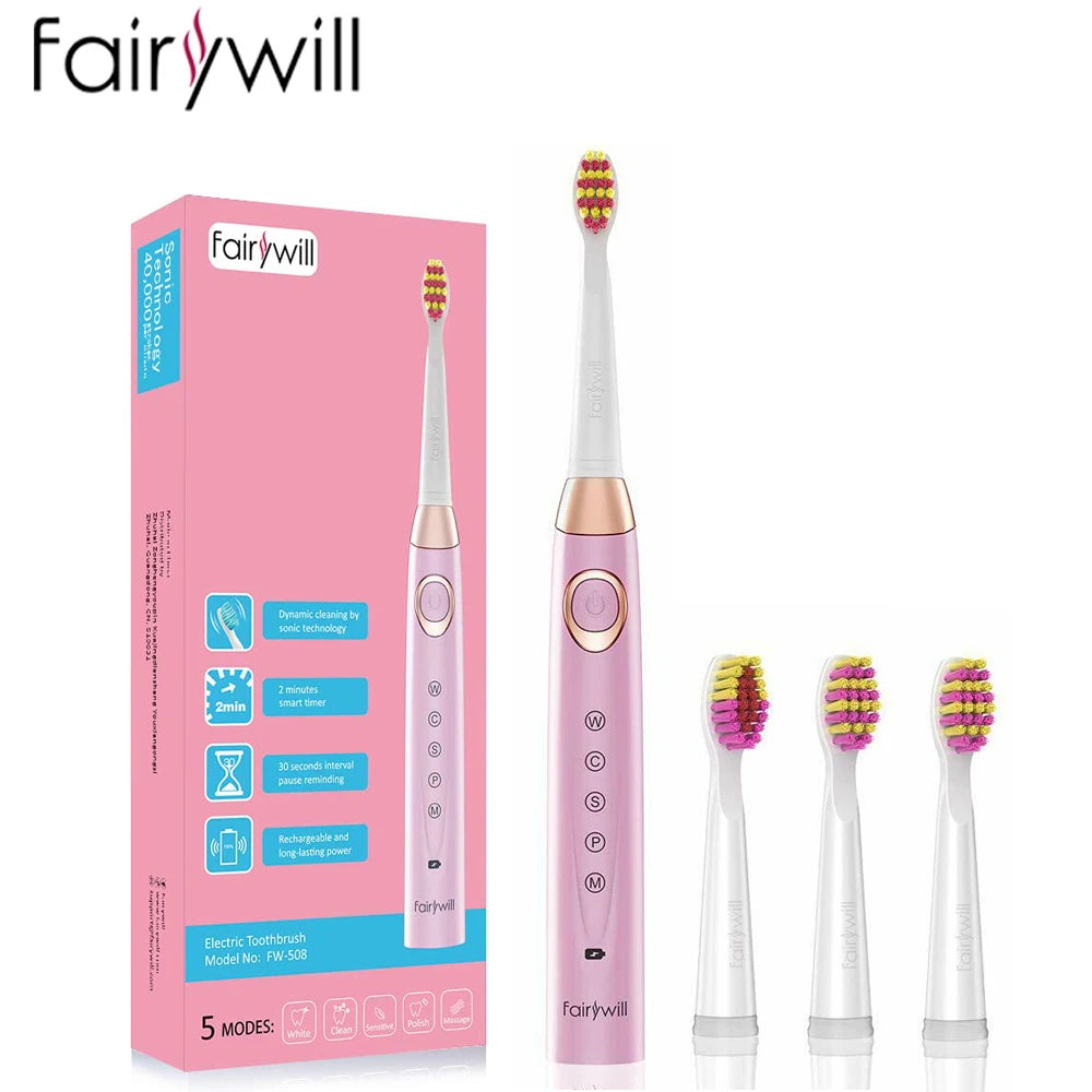 Brosse à dents électrique Fairywill FW-508 à ultrasons – Rechargeable, Minuteur, 5 Modes, Charge rapide, 8 têtes pour adultes - BLACKBEARD OUTDOOR INDUSTRIES