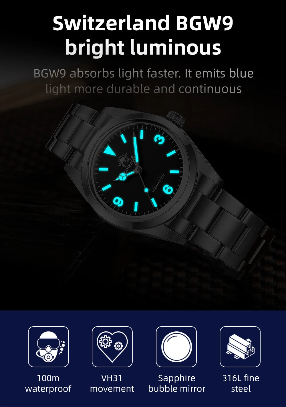 Montre Homme ADDIESDIVE AD2023-1 – Quartz Japonais VH31 – Étanche 100M – Verre Saphir Bulle – Style Business/Diver - BLACKBEARD OUTDOOR INDUSTRIES