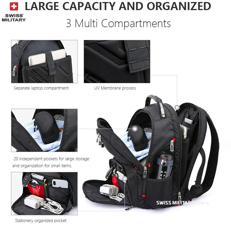 Sac à Dos SWISS 17" pour Ordinateur Portable - Imperméable, avec Port de Charge USB, Multifonction, Style Swiss - Sac de Voyage, de Randonnée et Scolaire - BLACKBEARD OUTDOOR INDUSTRIES