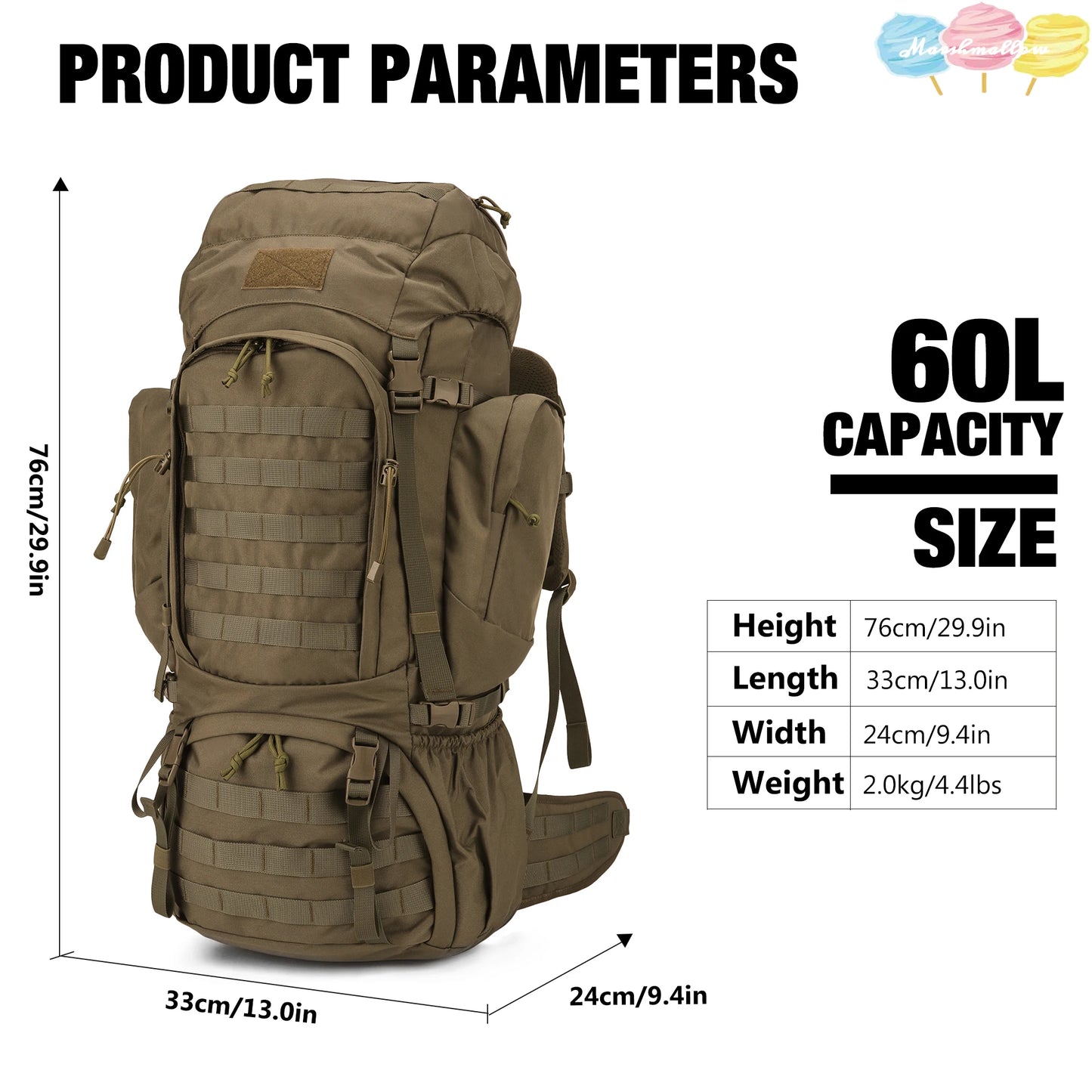 Sac à dos tactique 60L avec Housse de Pluie – pour Camping, Randonnée et Bushcraft. - BLACKBEARD OUTDOOR INDUSTRIES
