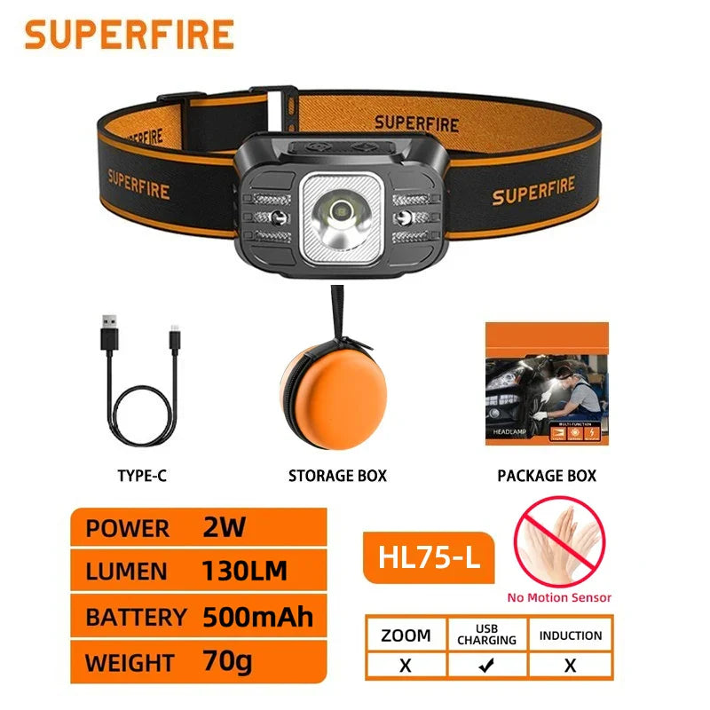 SUPERFIRE HL75 – Mini Lampe Frontale LED Rechargeable USB-C | Haute Puissance | Capteur de Mouvement | Étanche | 7 Modes | 70g Ultra Légère Ma boutique
