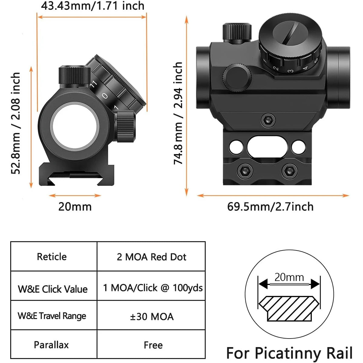 Viseur Point Rouge 2 MOA – Reflex Sight 1x25 mm – Étanche, Antichoc et Anti-buée – Avec Rehausseur de 1 pouce - BLACKBEARD OUTDOOR INDUSTRIES