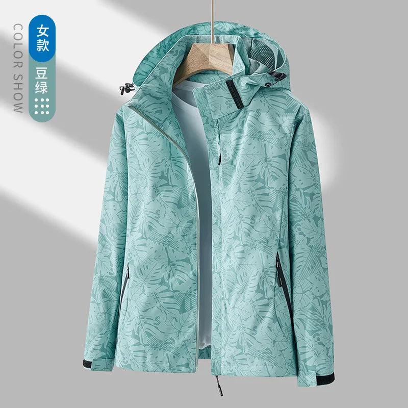 Veste de Sport pour Femme avec Imprimé Feuilles – Veste Outdoor Déperlant, Imperméable et Coupe-Vent avec Capuche Détachable – Idéale pour la Randonnée et les Activités de Loisirs - BLACKBEARD OUTDOOR INDUSTRIES