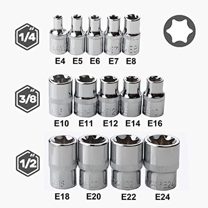 Jeu de Douilles Femelles Torx E4 à E24 – 14 Pièces | Douilles Étoile Externe (E-Torx) en Acier Chrome Vanadium - BLACKBEARD OUTDOOR INDUSTRIES