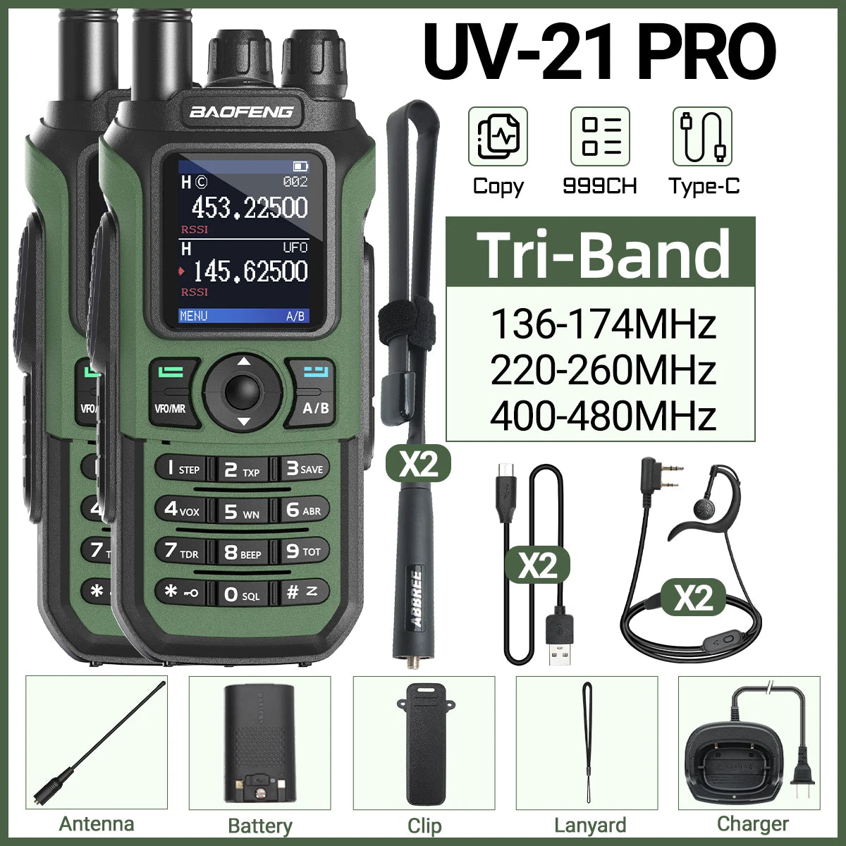 Lot de 2 Talkie-Walkies Baofeng UV-21 Pro V2 – Multi-bande, 999 Canaux, USB-C, Écran Couleur - BLACKBEARD OUTDOOR INDUSTRIES