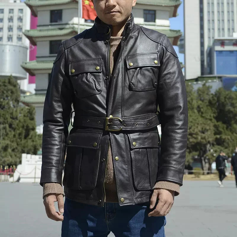 Brown Autumn Leather Jacket Men Safari Style Four Pockets Plus Size 5XL Natural Cowhide M65 Belt Genuine Leather Coat BLACKBEARD OUTDOOR INDUSTRIES