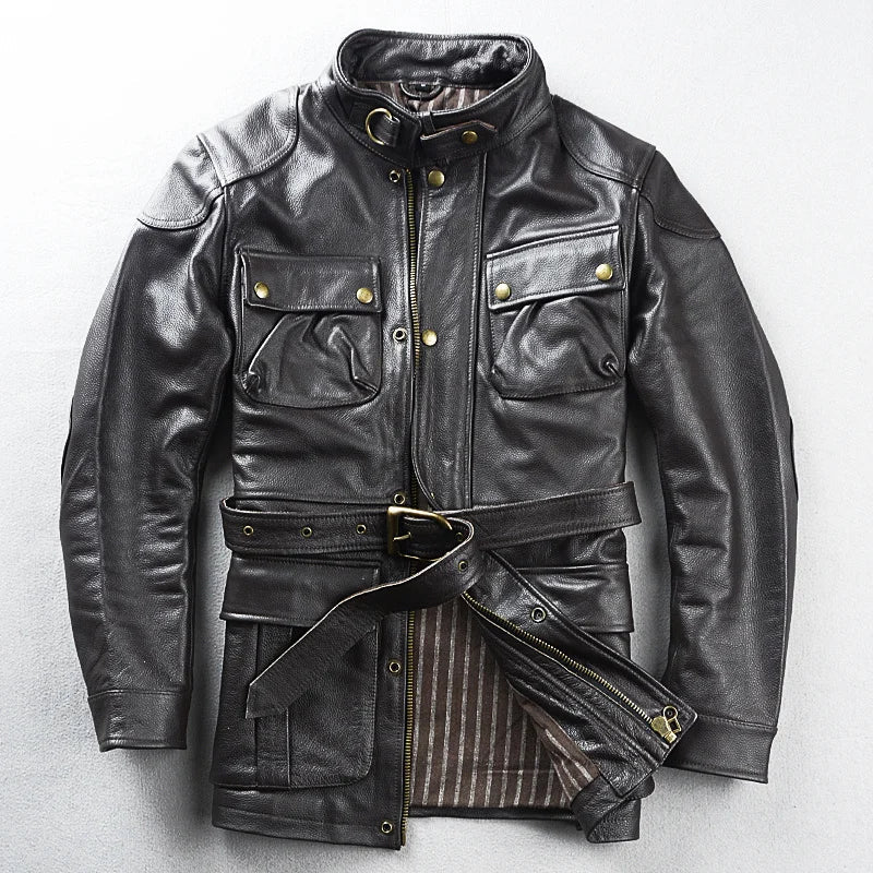Brown Autumn Leather Jacket Men Safari Style Four Pockets Plus Size 5XL Natural Cowhide M65 Belt Genuine Leather Coat BLACKBEARD OUTDOOR INDUSTRIES