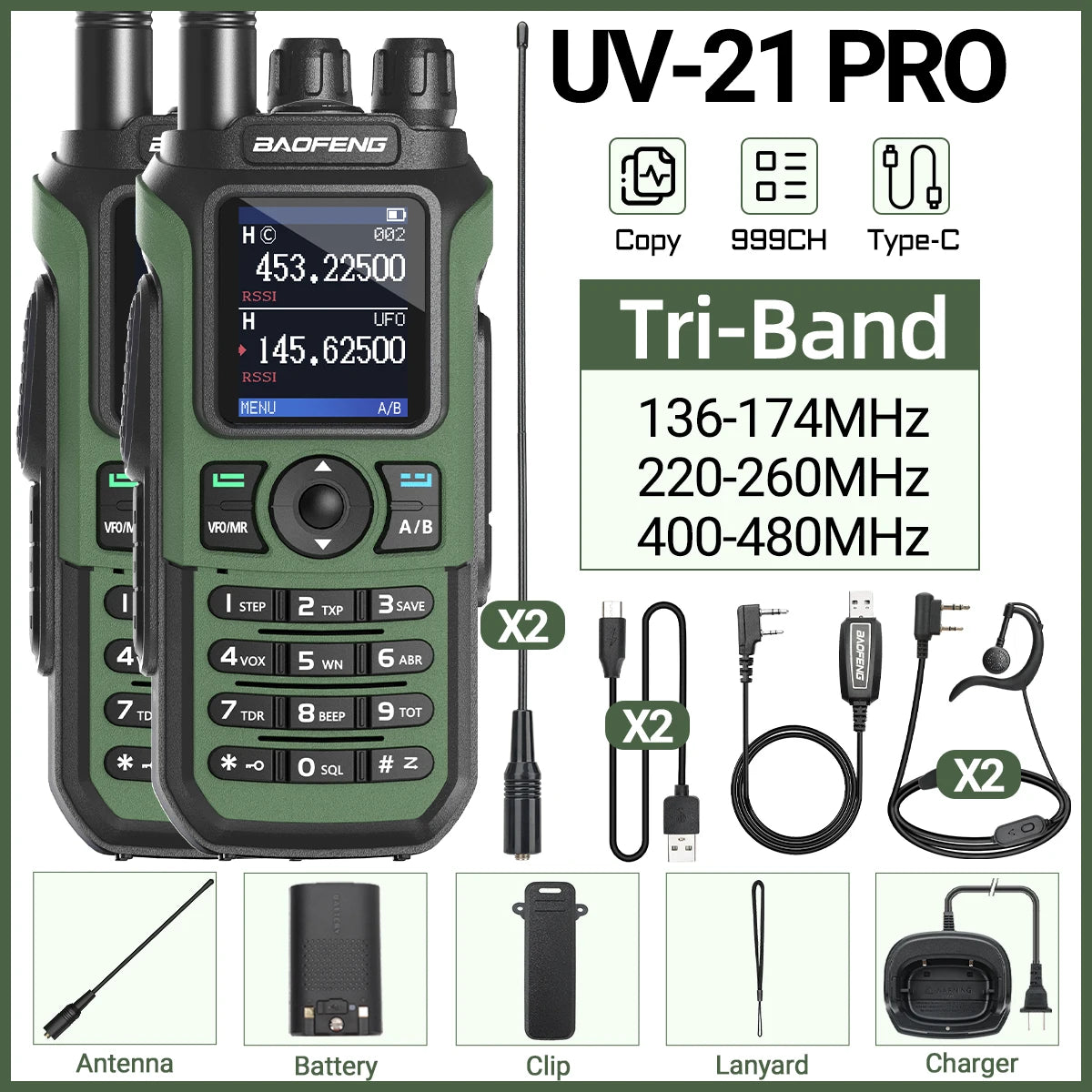 Lot de 2 Talkie-Walkies Baofeng UV-21 Pro V2 – Multi-bande, 999 Canaux, USB-C, Écran Couleur - BLACKBEARD OUTDOOR INDUSTRIES