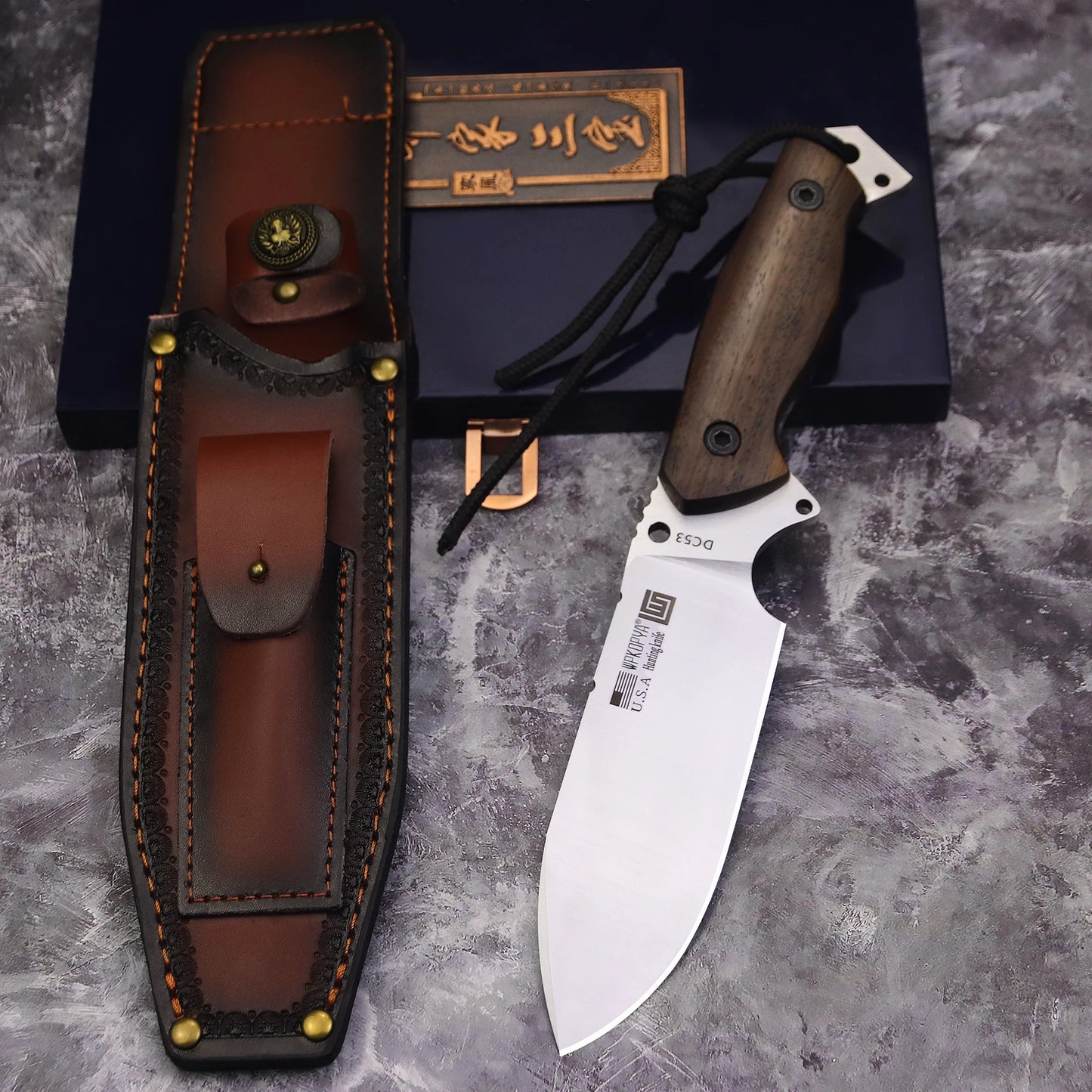 WPKOPYA Couteau de Chasse Tout Acier DC53 – Lame Pleine Soie + Étui Cuir - BLACKBEARD OUTDOOR INDUSTRIES