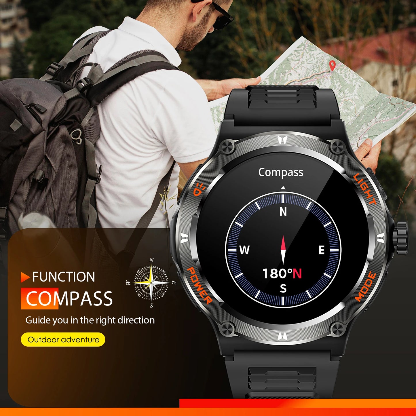 KT76 – Montre Connectée Sport Homme avec Boussole, Lampe LED et Suivi Santé - BLACKBEARD OUTDOOR INDUSTRIES